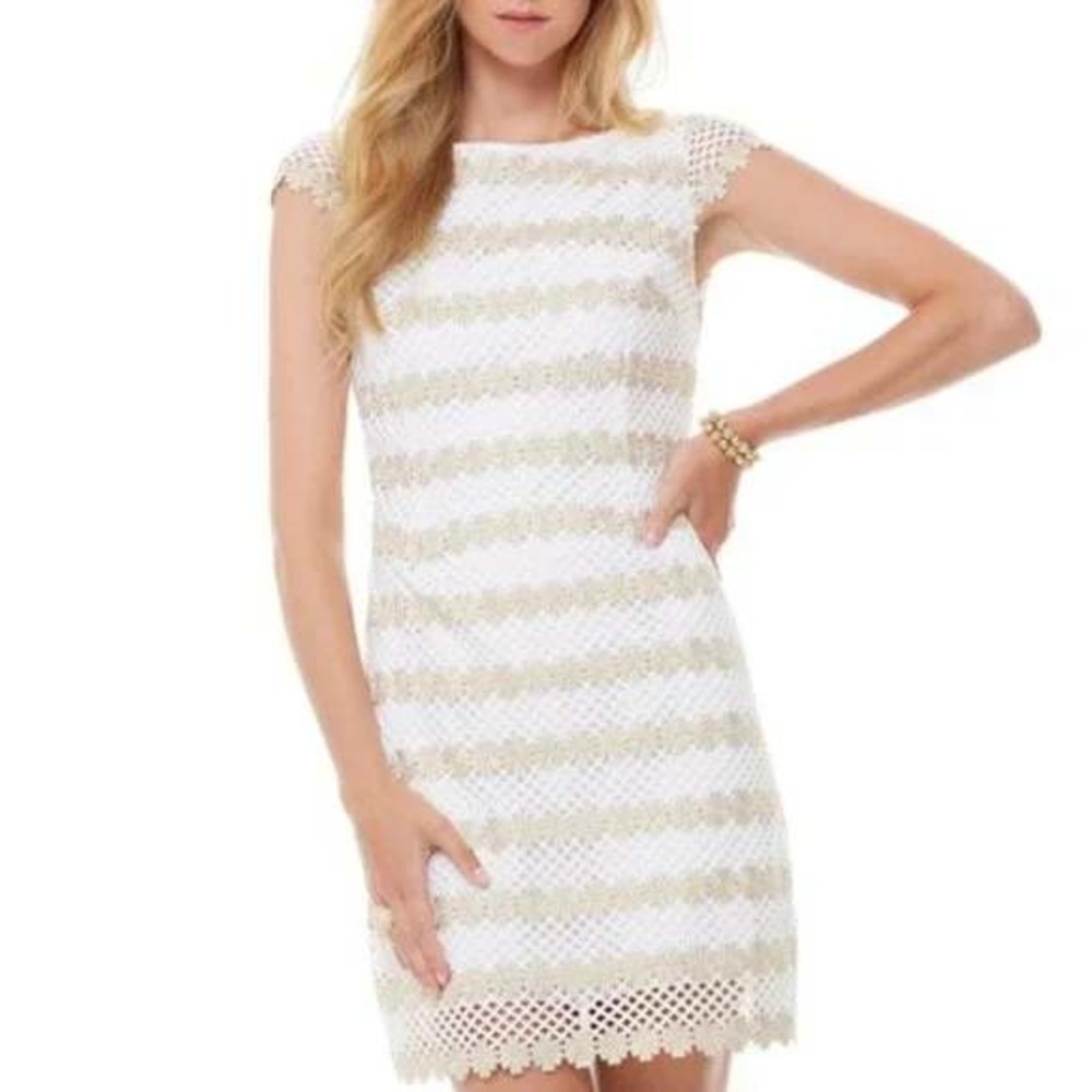 Lilly Pulitzer Barbara White Gold Metallic Floral Lattice Lace Shift Dress 6